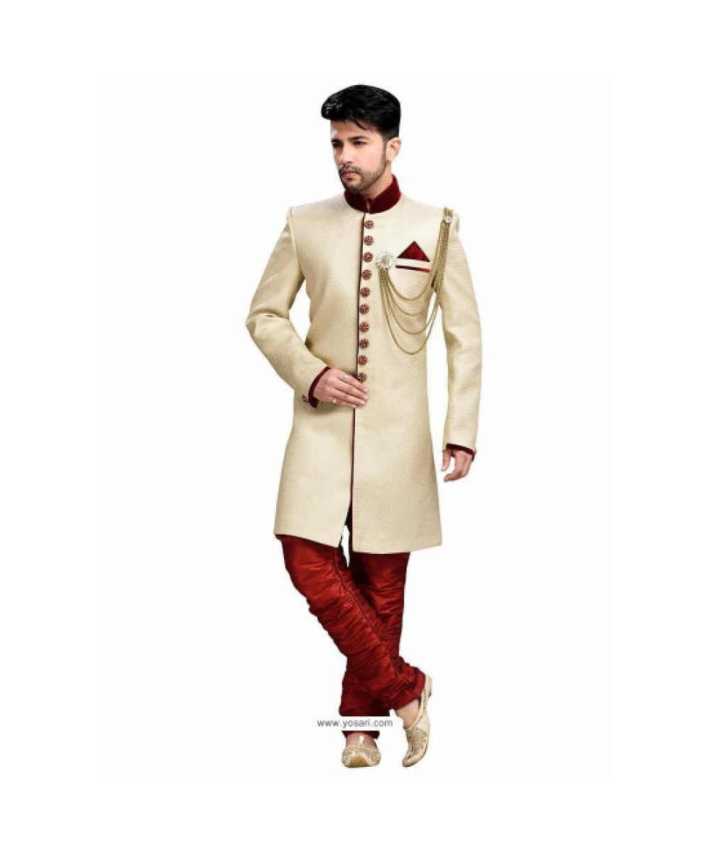 Elegant Mint & Off-White Brocade Self Print Sherwani 